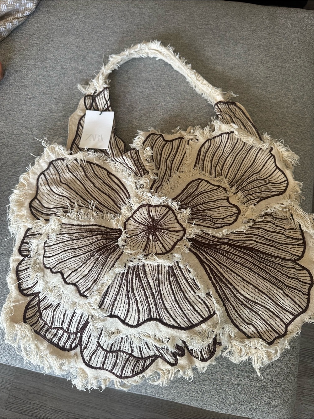 Zara NWT Embroidered Flower Fringe Canvas Tote Bag XL Linen Boho Summer - Picture 5 of 9